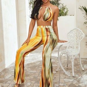 SHEIN Tie-Dye Halter Top & Flare Pants